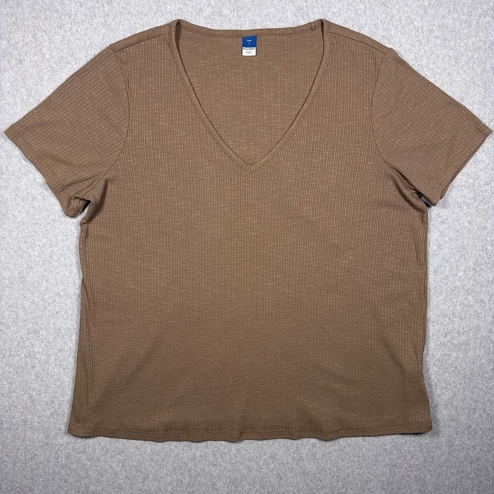 Old Navy Luxe Brown Ribbed V-Neck Short Sleeve Tee Shirt Womens Large
